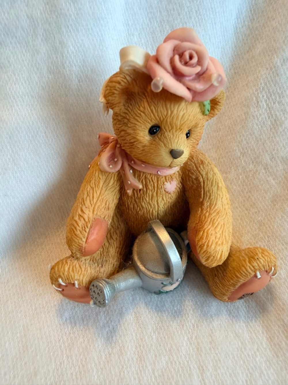 Cherished Teddies Brown Bear with Pink Rose and Silver Watering Can